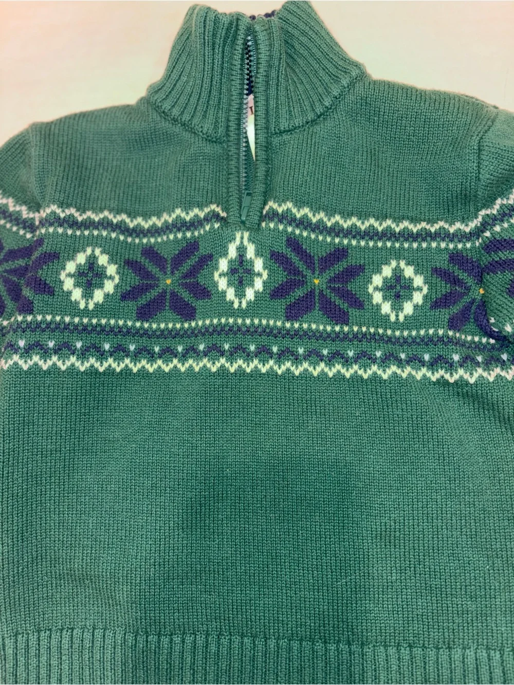 Izod Green Half-Zip Sweater with White and Navy Fair Isle